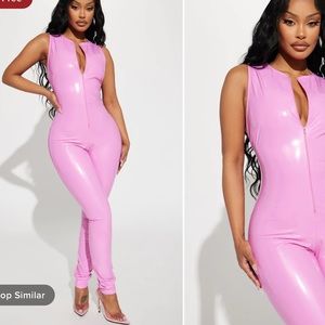 NWT Fashion Nova Baddie Pink Latex Jumpsuit Size Large
